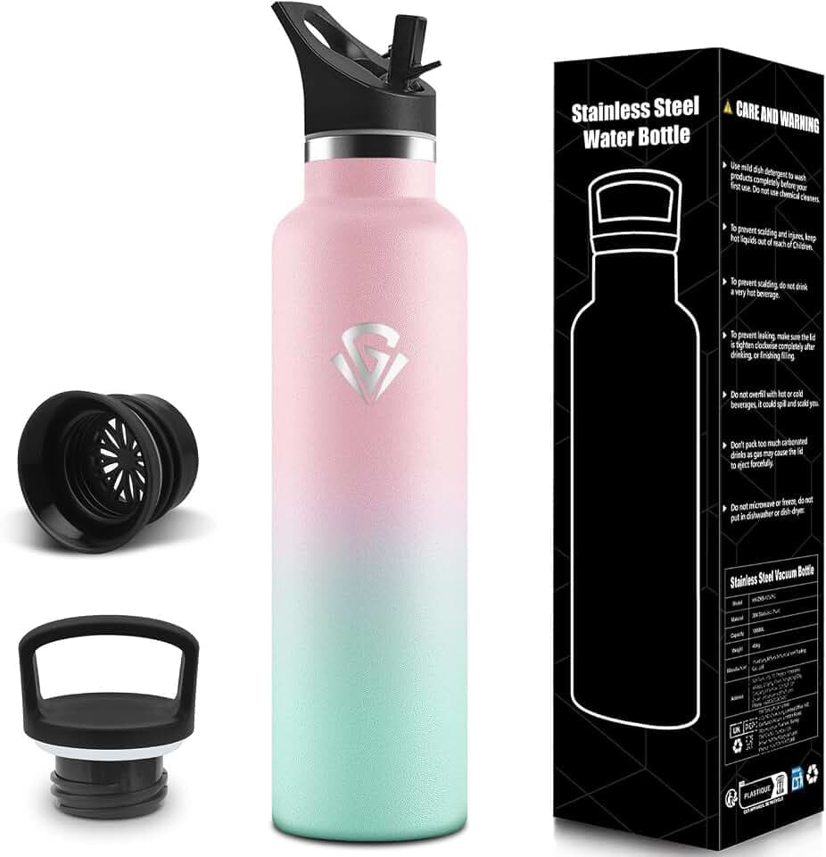Trinkflasche, 1000 ml BPA-Frei, Trinkflasche Edelstahl, Isolierflasche Mit Strohhalm und 2 Deckeln, Wasserflasche, 304 Edelstahl, Flasche Mit Strohhalm für Fitnessstudio, Büro - Hellrosa&Hellgrün