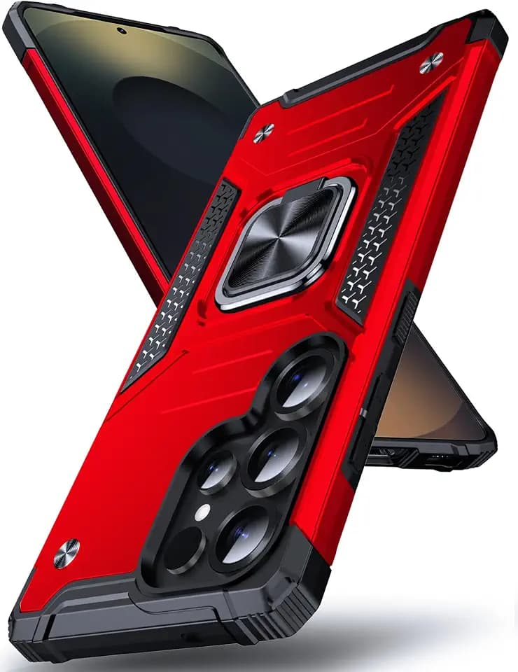 DASFOND Galaxy S25 Ultra Case, Military Grade Shockproof Protective Phone Case Cover with Enhanced Metal Ring Kickstand [Support Magnet Mount] Compatible with Samsung Galaxy S25 Ultra, Red