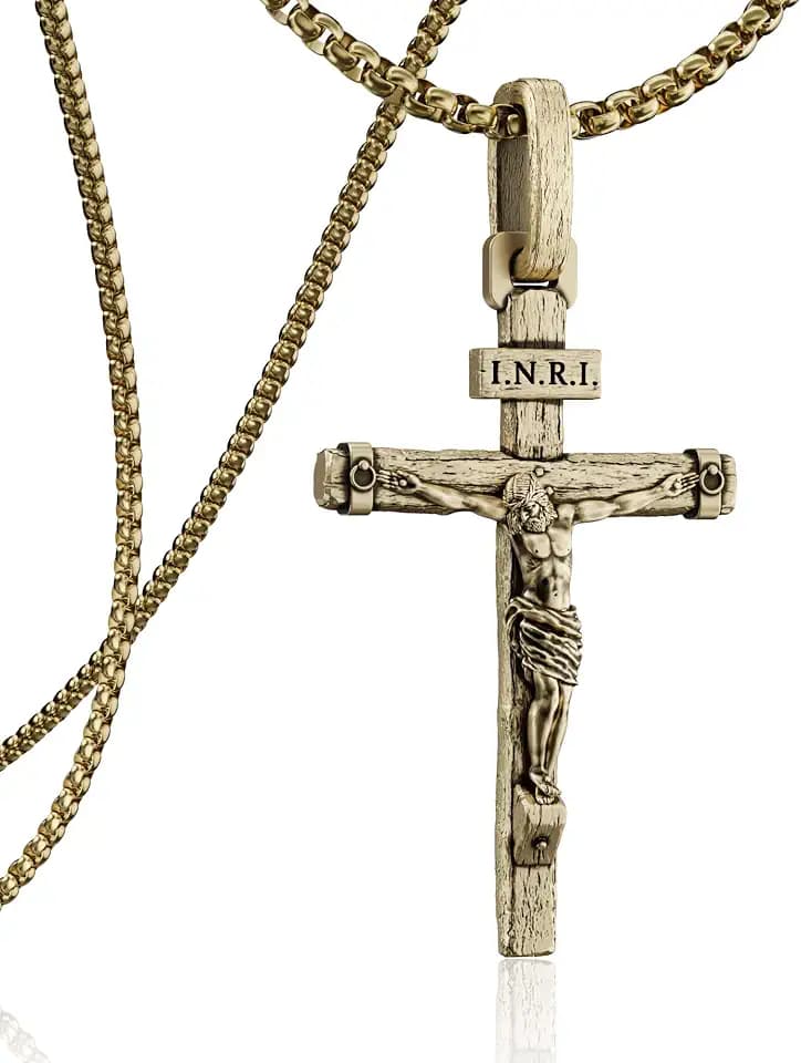 Catholic Crucifix Necklace for Men, Antique Gold and Silver Tone