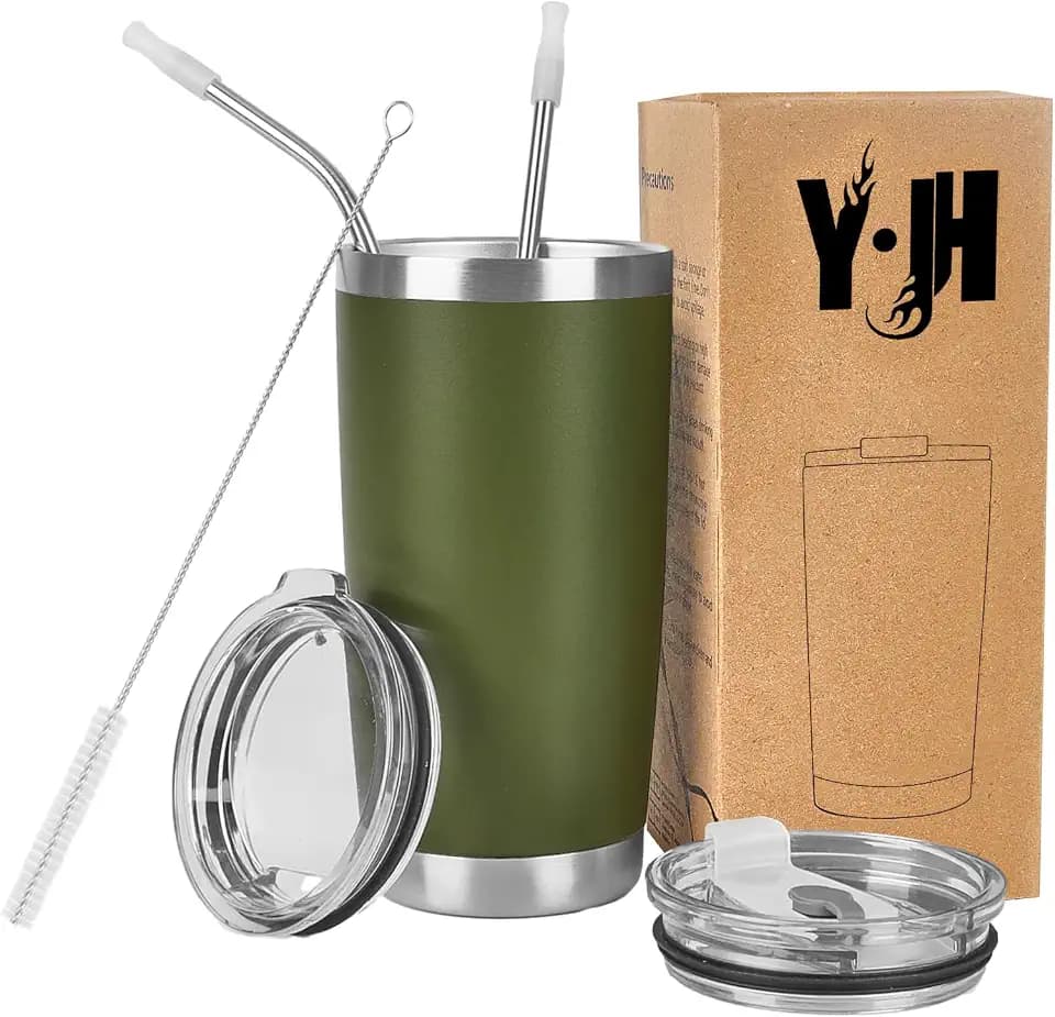 Y·J&H 20oz (550ml) Doppelwandig Vakuum Isolierter Autobecher, Edelstahl Reiseflasche, Thermobecher Kaffee to Go mit 2 Spritzfestem Deckel 2 Strohhalm, Rohrbürste,BPA Free - Armee Grün