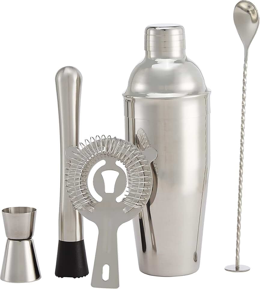 Amazon Basics Barbesteck Set, 710-ml-Shaker, Sieb, Jigger und Muddler, 5er-Pack, Edelstahl