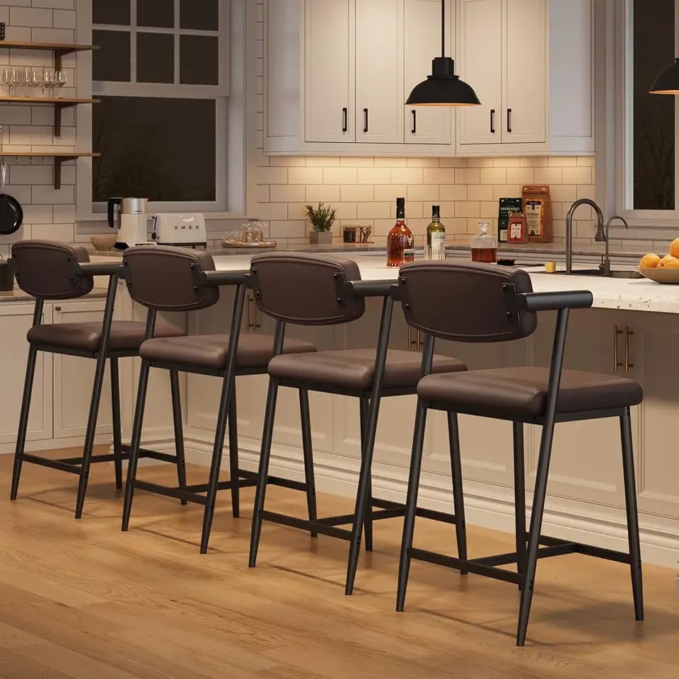 IDEALHOUSE Bar Stools Set of 4 with Armrests, Counter Height Bar Stools Set with Footrest & Soft Back, Metal Barstools Set with Wide Upholstered Seat for Kitchen Islands, Counter Bars, Rustic Brown