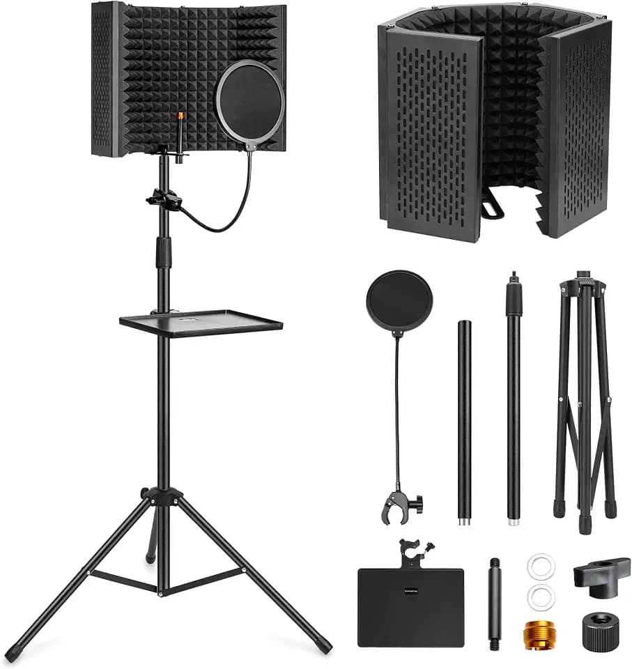 Mikrofon Isolationsschild Set, Schaumstoffschutz mit Pop-Filter, Stativständer, Faltbares Design