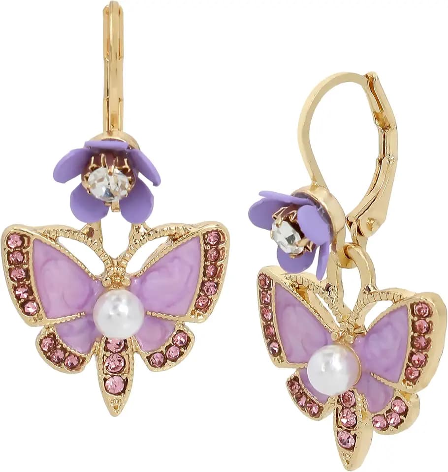 Betsey Johnson Women's Rose Gold and White Butterfly Drop Earrings