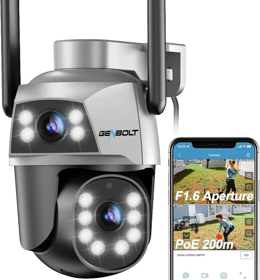 GENBOLT Dual Objektiv WLAN Überwachungskamera Aussen, PoE IP Kamera Outdoor | 2,4/5GHz, Automatische Verfolgung, Personenerkennung, 2-Wege-Audio, PTZ, 24/7-Aufzeichnung, Farb-Nachtsicht, IP66