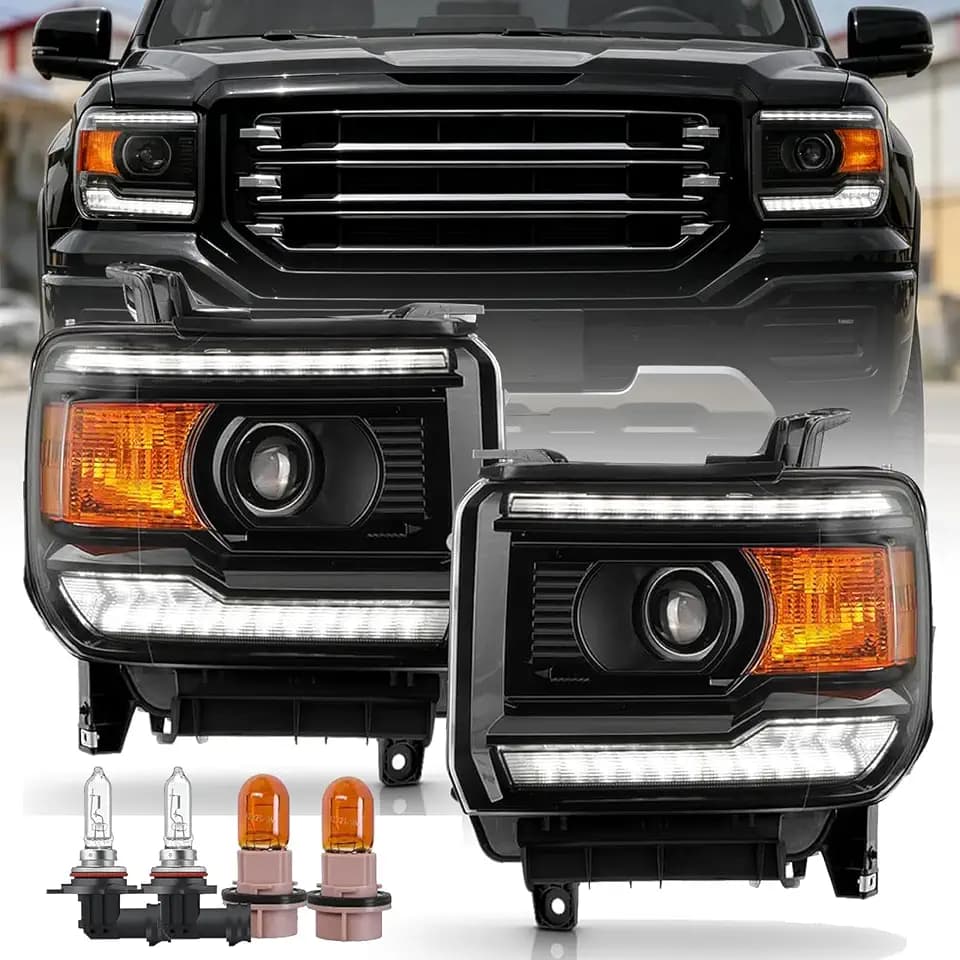 Headlights with LED DRL & Bulbs compatible with 2014 2015 2016 2017 2018 GMC Sierra 1500, 15-19 Sierra 2500HD 3500HD Head lights Headlamp Assembly L+ R, OE# ‎GM2503394 GM2502394 ‎GM2503390 GM2502390