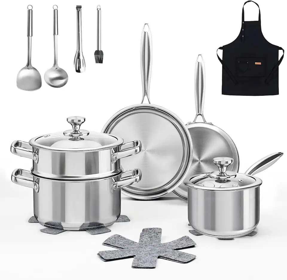 AuFranc® 16-Teilig Edelstahl Topfset mit Dampfgarer, Glasdeckeln, Schürze, Topfschutzmatten und Kochspatelset usw... Kochtopfset für Alle Kochfelder, Spülmaschinenfest, Ungiftig Töpfe und Pfannen Set