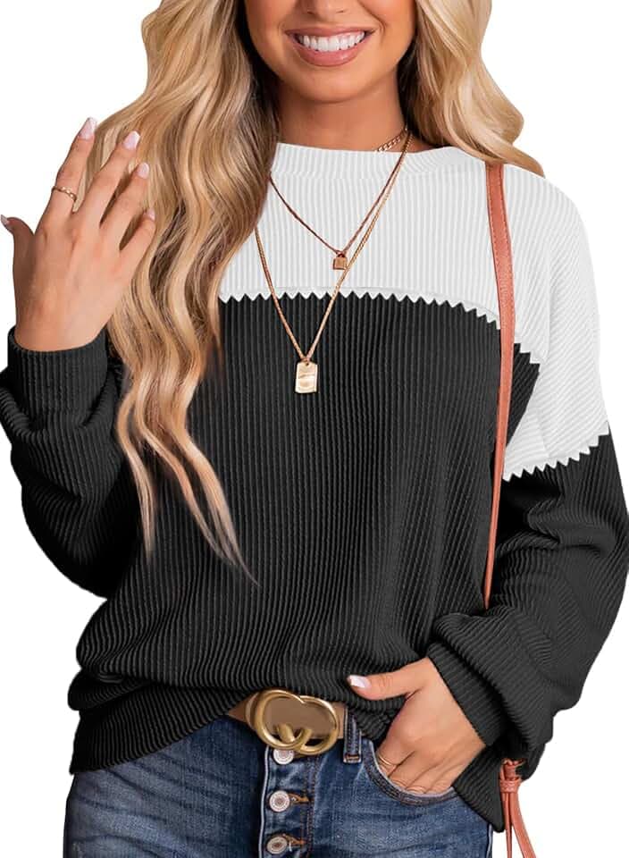 Dokotoo Womens Tops Fashion 2026 Color Block Long Sleeve Shirts for Women Crewneck Knitted Casual Loose Blouses
