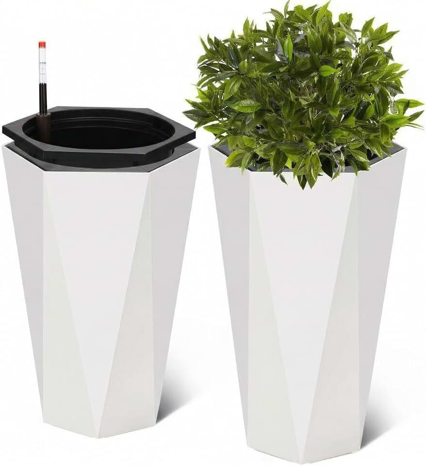2 Pack 22 Inch Tall Diamond Planters, Modern Self-Watering Flower Pots with Water Level Indicator for Indoor & Outdoor Plants, Patio, Porch, & Home Décor, White