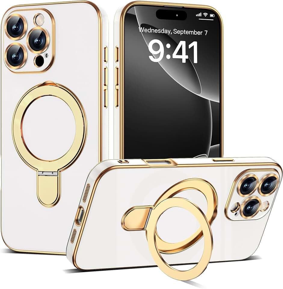 Plating Phone Case for iPhone 16 Pro Max with Stand 6.9", White