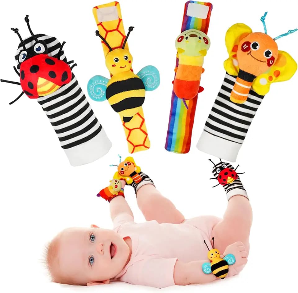 Infinno Wrist Rattles and Foot Finder Socks Set, Baby Toys for 0-12 Months