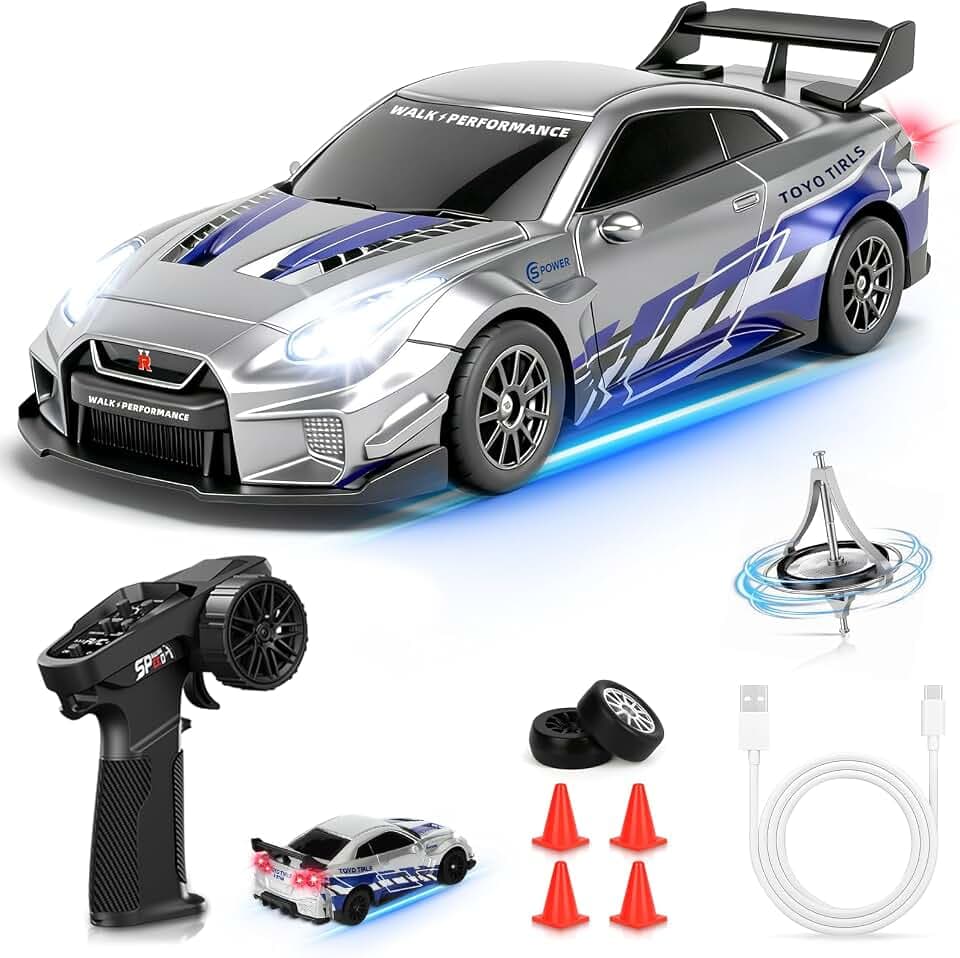 YOOHBERRYS Mini RC Drift Car Pro, 1:43 Frngesteuert Drift Auto, 4WD Tabletop Drift RC Car, Ferngesteuertes Auto mit Gyro, 15 km/h, Spielzeugauto für Kinder ab 14 Jahre (Grau)