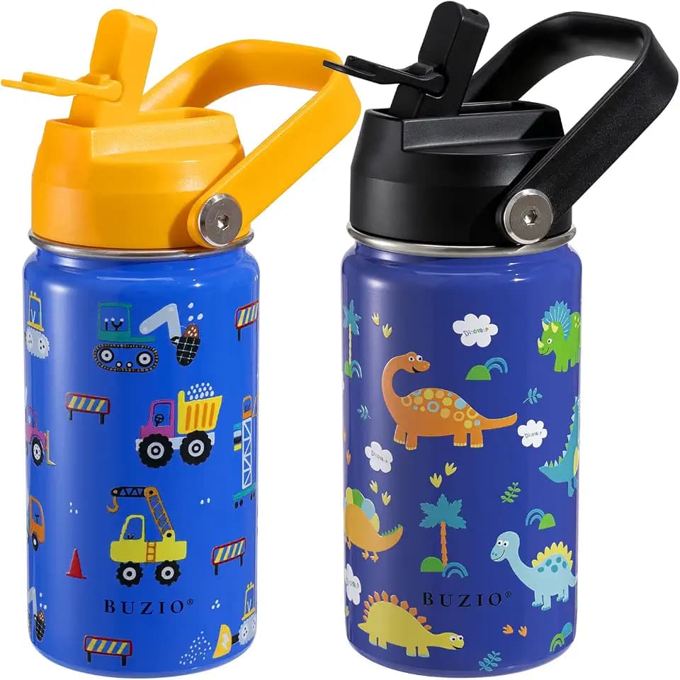 BUZIO 2 Packs 14 oz Insulated Stainless Steel Kids Water Bottle with Straw
