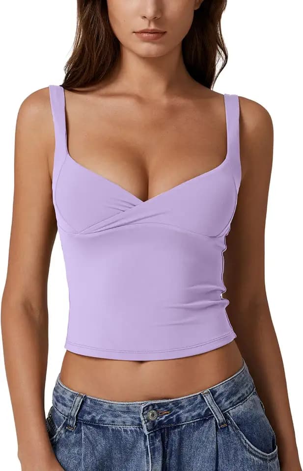 QINSEN Women's V Neck Tank Tops Double Lined Adjustable Strap Camisole Shirt