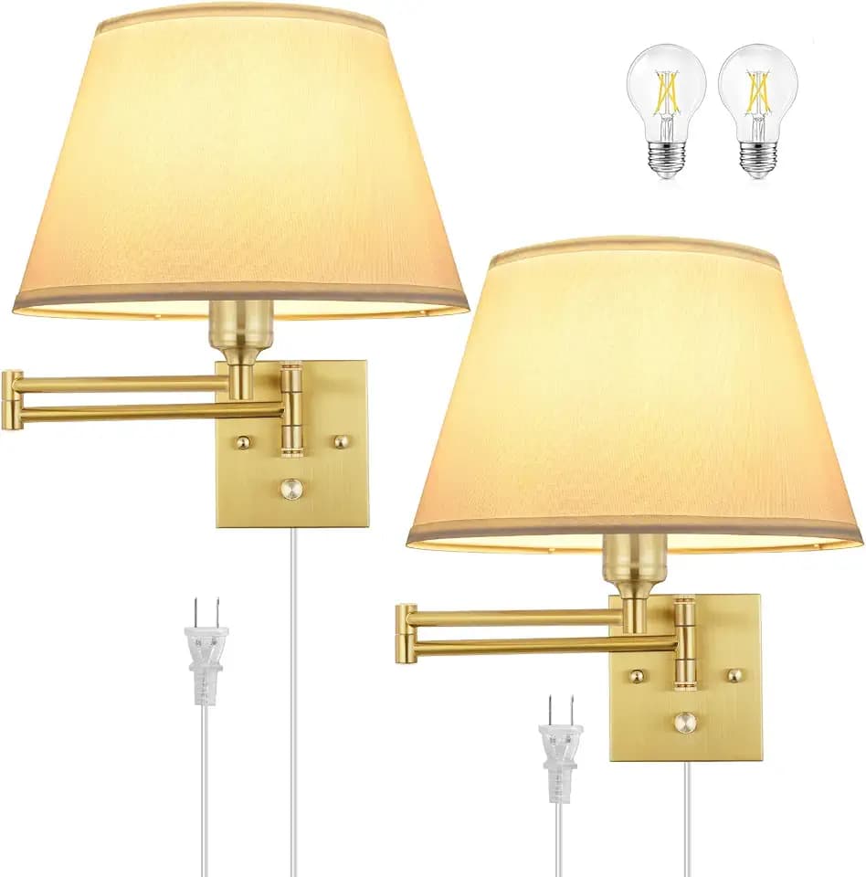 TRLIFE Dimmable Wall Sconce Plug in, Brushed Brass Wall Sconces Set of 2 Swing Arm Wall Lights with Plug in Cord and Dimmer On/Off Knob Switch, 11.8" Large White Fabric Shade(2 LED Bulbs Included)
