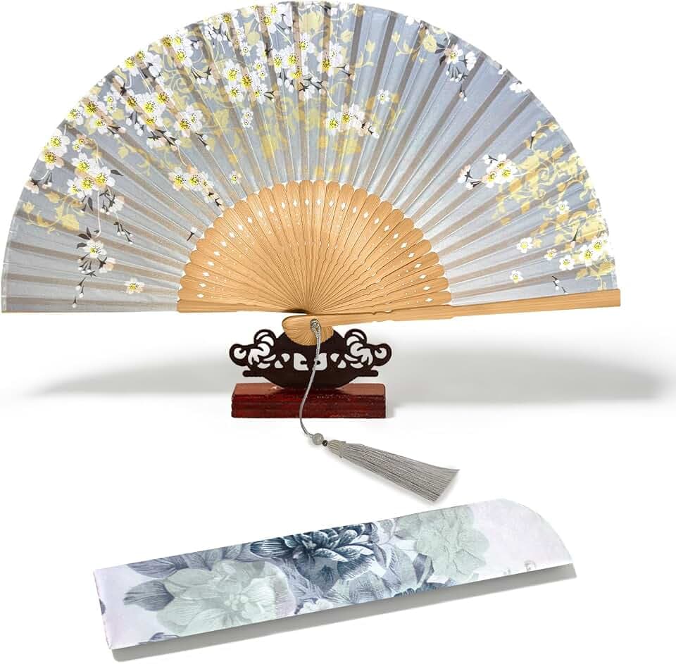 EOSAU 8.3 Inch Bamboo Hand Fan Foldable for Women, Gray