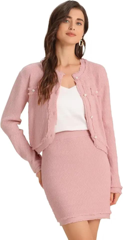 Allegra K 2-teiliges Outfit, Pullover-Set für Damen, Business, lässig, gestrickt, langärmelig, kurze Jacke, Rock, Set
