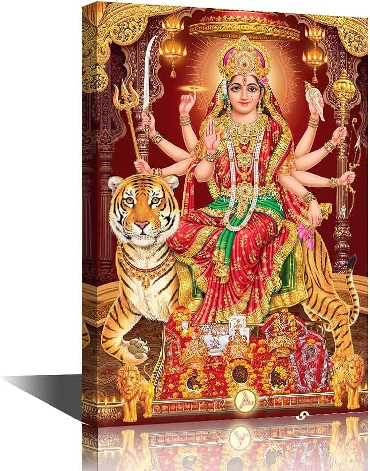 TISHIRON Durga Mata Leinwand-Kunst, Hindu-Gott mit buntem Hintergrund, Bilder, Poster, Wanddekorationen für Wohnzimmer, Schlafzimmer, Zuhause, Wände, gerahmt, fertig zum Aufhängen, 45,7 x 30,5 cm