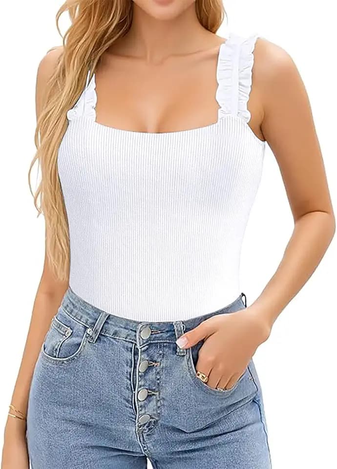 Basicspace Ruffle Strap Tank Tops for Women Summer Sleeveless Soft Slim Sexy Ribbed Knit Basic Tops