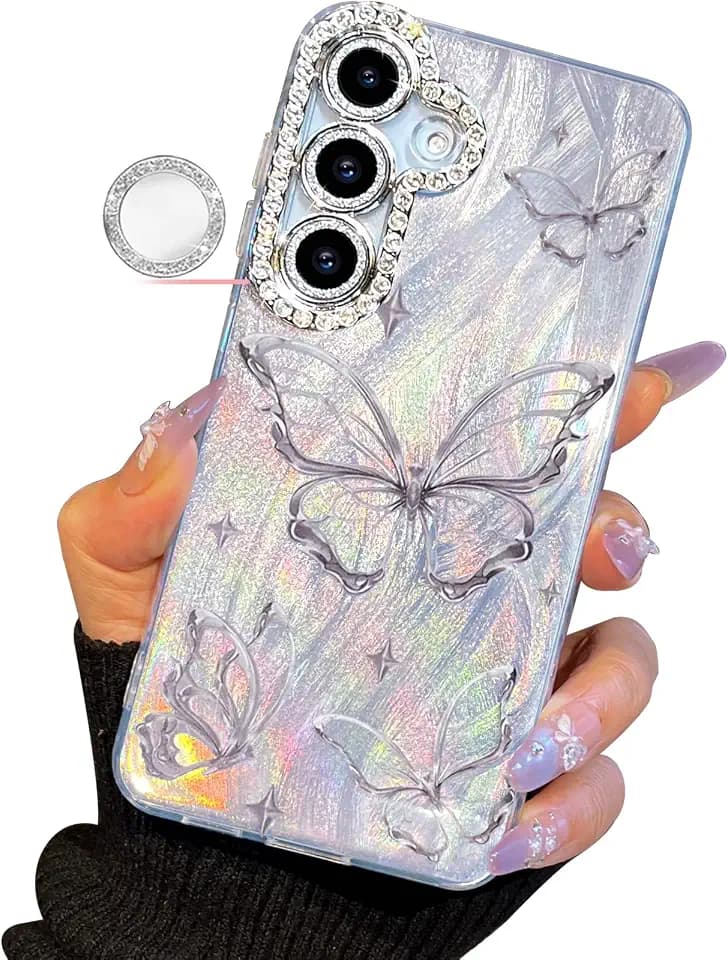 I-MGAE-IN-AR Compact Case for Samsung Galaxy S25 Plus & S24+ Butterfly Design,Diamond Camera lens protection frame,Cute Soft Slim TPU Shockproof Protective Phone Cases Cover for Women Silver Aesthetic