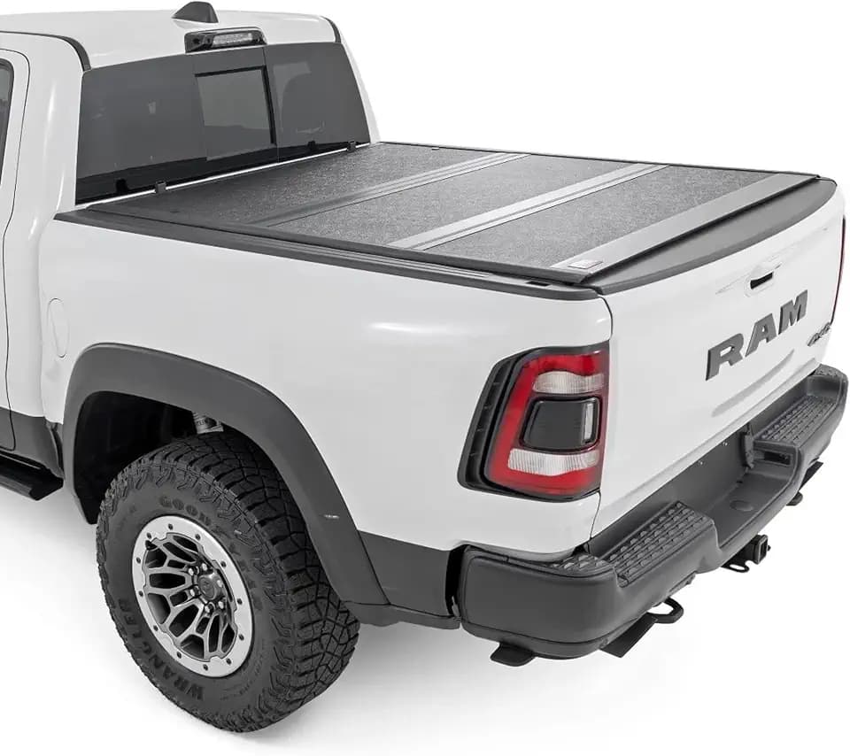 Rough Country Hard Low Profile Tri-Fold Tonneau Cover for Ram 1500 (2019-2026) & 1500 TRX (2021-2024) – Flush Mount Aluminum Bed Cover