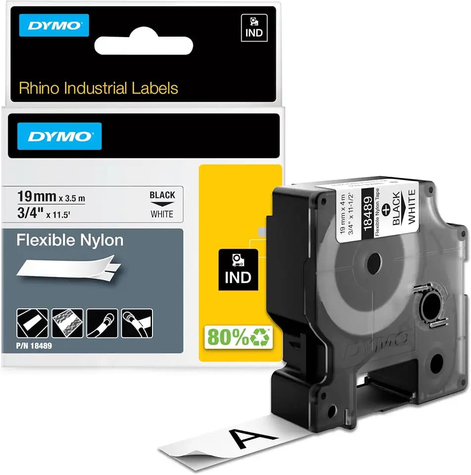 DYMO Rhino Industrie Nylonetiketten | flexibel | 19 mm x 3,5 m | schwarze Schrift auf weißem Untergrund | selbstklebendes Schriftband