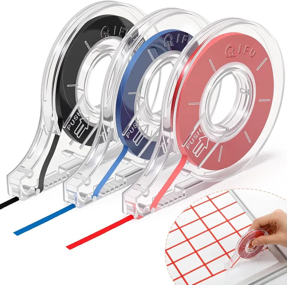 3 Pack Whiteboard Tape with Dispenser, Width 1/8", Black,Blue,Red