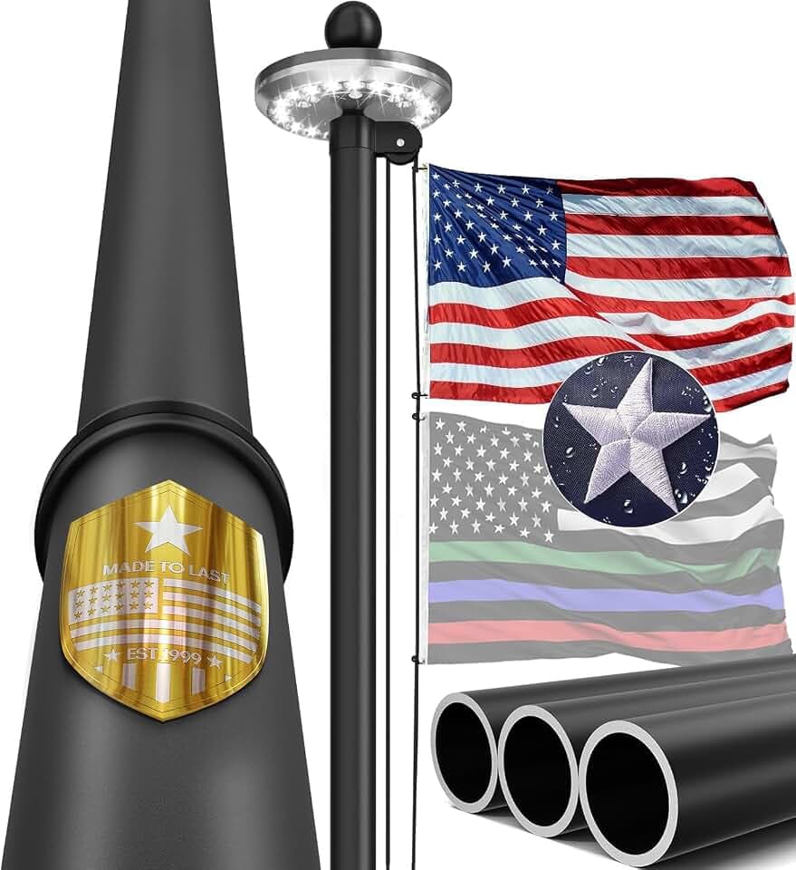 20FT Heavy Duty Flag Pole, Solar Light, 100MPH Tested Outside House