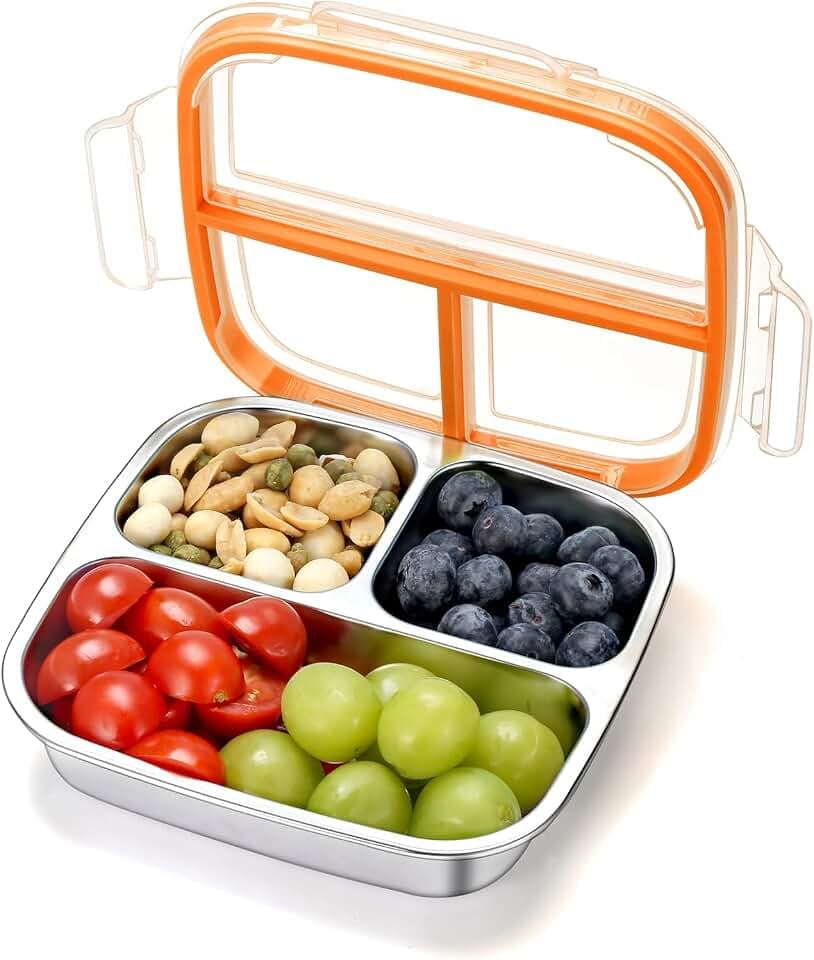 Snack Containers for Kids, 3 Compartments Reusable on the go Bento Box with Lids, Stainless Steel Toddler Snack Box Containers Meal Prep Containers for Daycare School Camping Travel - Orange