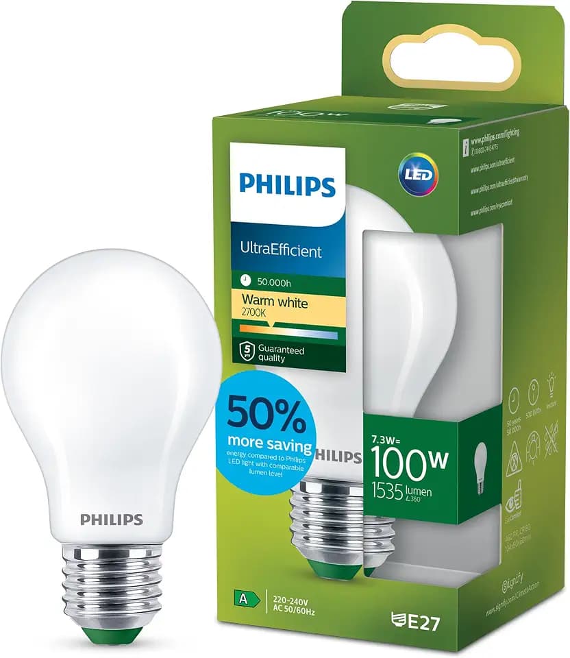 Philips LED Classic ultraeffiziente E27 Lampe (100 W), matte LED Lampe mit warmweißem Licht, energiesparende Lampe mit langer Nutzlebensdauer, Energieeffizienzklasse A