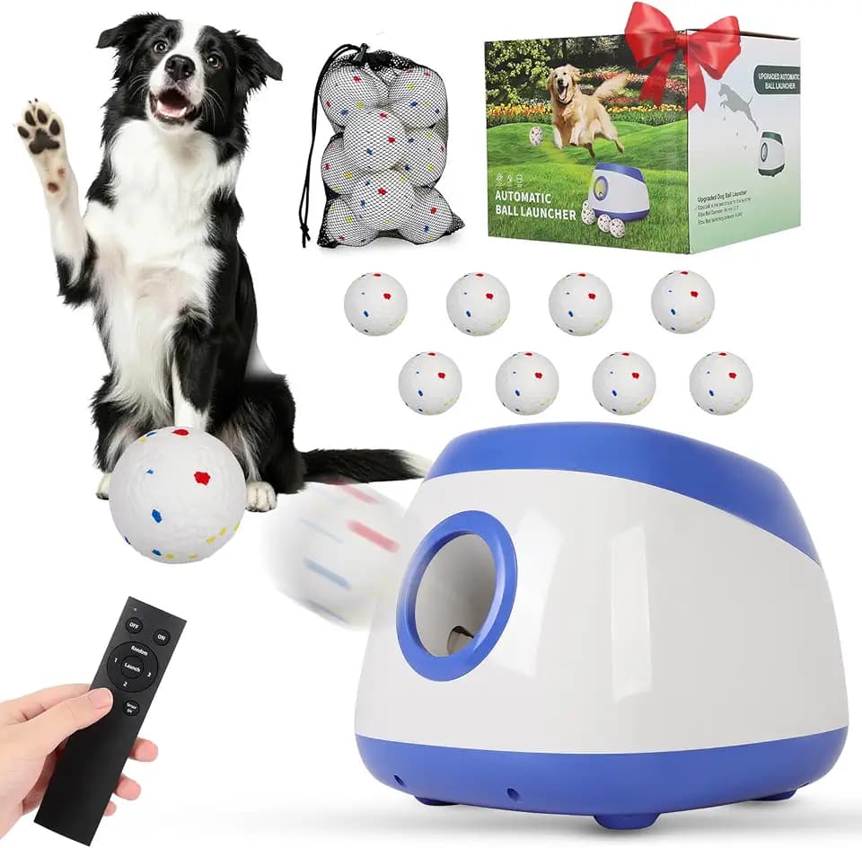 FAHKNS Automatic Ball Launcher for Large Dogs: 40/60/80FT Distance Dog Ball Thrower with Remote Control, 3 Adjustable Distances & Random Mode, 8 Pack 2.5" E-TPU Balls Included