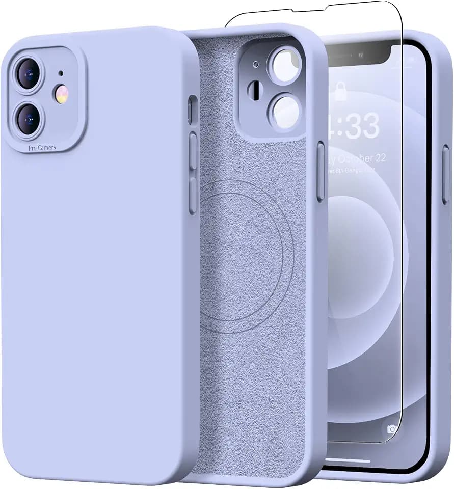 Designed for iPhone 12 Mini Case with Screen Protector - Upgraded Camera Protection - Wireless Charging Compatible - Silicone Protective Phone Case 5.4" for Women Girls - Lavender Purple