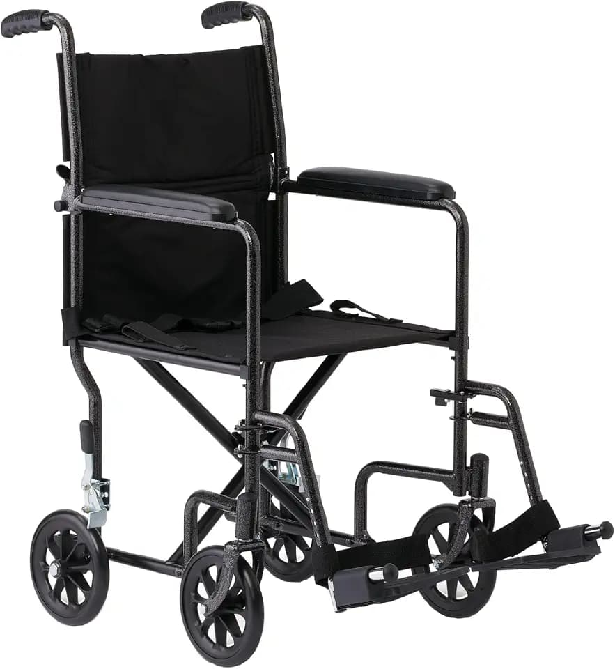 Medline Steel Transport Chair, Removable Swing-Away Footrests, Permanent Full-Length Armrests 8" Wheels, 17" Seat, 300-lb. Capacity, Black