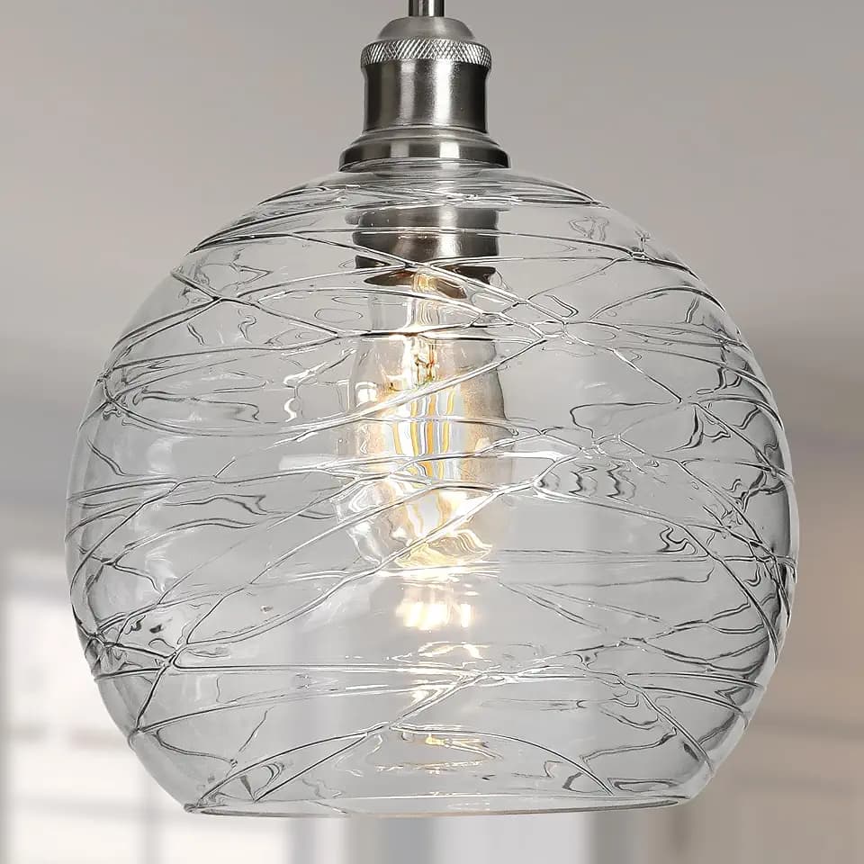 Glass Pendant Light Stripe Seeded 9.85’’ Modern Ceiling Pendant Lighting Sea Swell Handblown Coastal Style Shade with Adjustable Cord for Kitchen Island Dining Room Bedroom Foyer Hallway