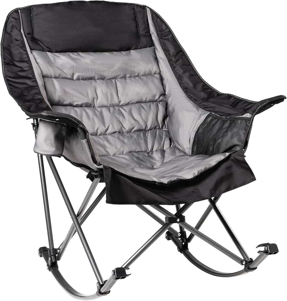 Oversized Rocking Camping Chair for Adults - 400lbs Capacity Padded Camp Chair with Cup Holder, Portable Foldable Outdoor Rocker Chair for Camping, Backyard, Patio (Black & Gray)