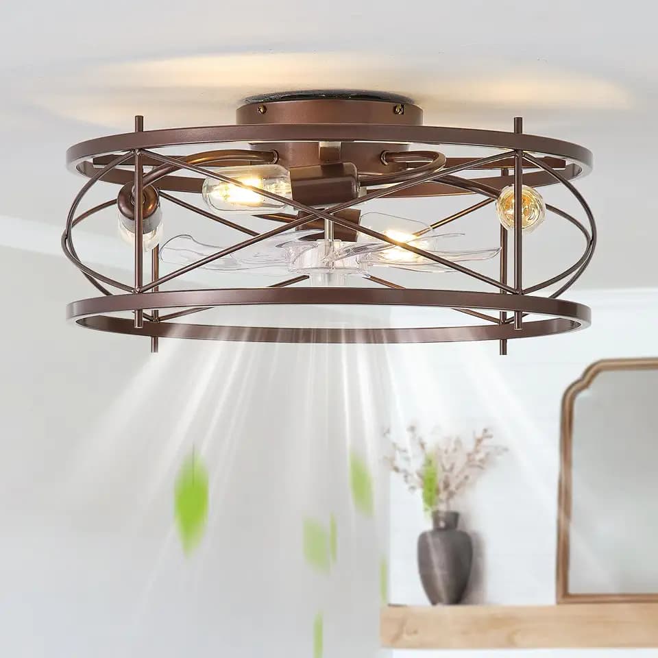 20" Brown Ceiling Fan with Light Flush Mount, Farmhouse Caged Ceiling Fans with Lights and Remote, Bladeless Low Profile Ceiling Fan with 6 Speeds for Bedroom, Living Room, Nursery
