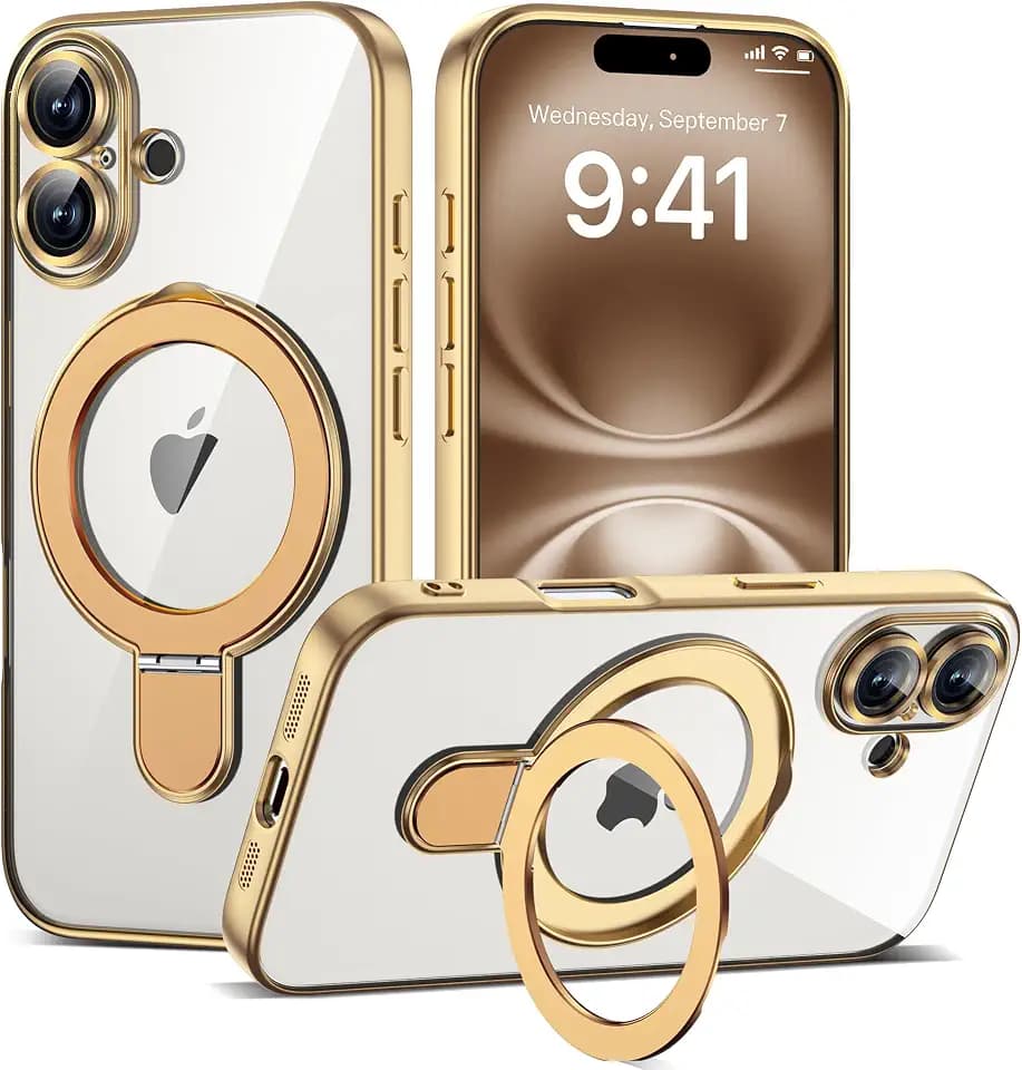 Plating Clear Phone Case for iPhone 16 with Stand 6.1", Gold