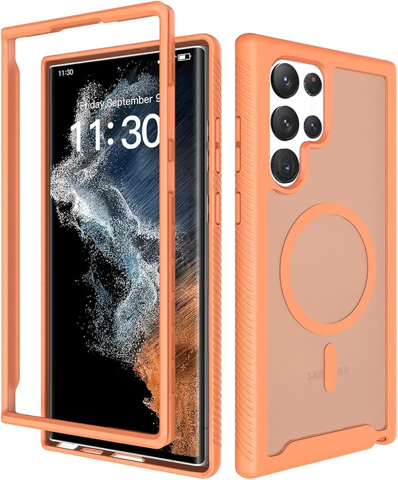 for Samsung Galaxy S22 Ultra Case Magnetic, Compatible with Magsafe 6.8-Inch Slim Fit 360 Heavy Duty Protector Wireless Charging Shockproof Anti-Slip TPU and PC Protective Phone Cover, Orange