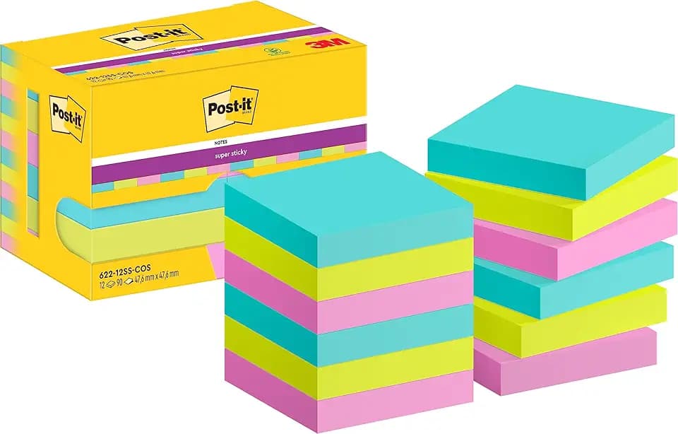 Post-it Super Sticky Notes Cosmic Collection, 12 Blöcke, 90 Blatt pro Block, 47,6 mm x 47,6 mm, Türkis, Grün, Pink