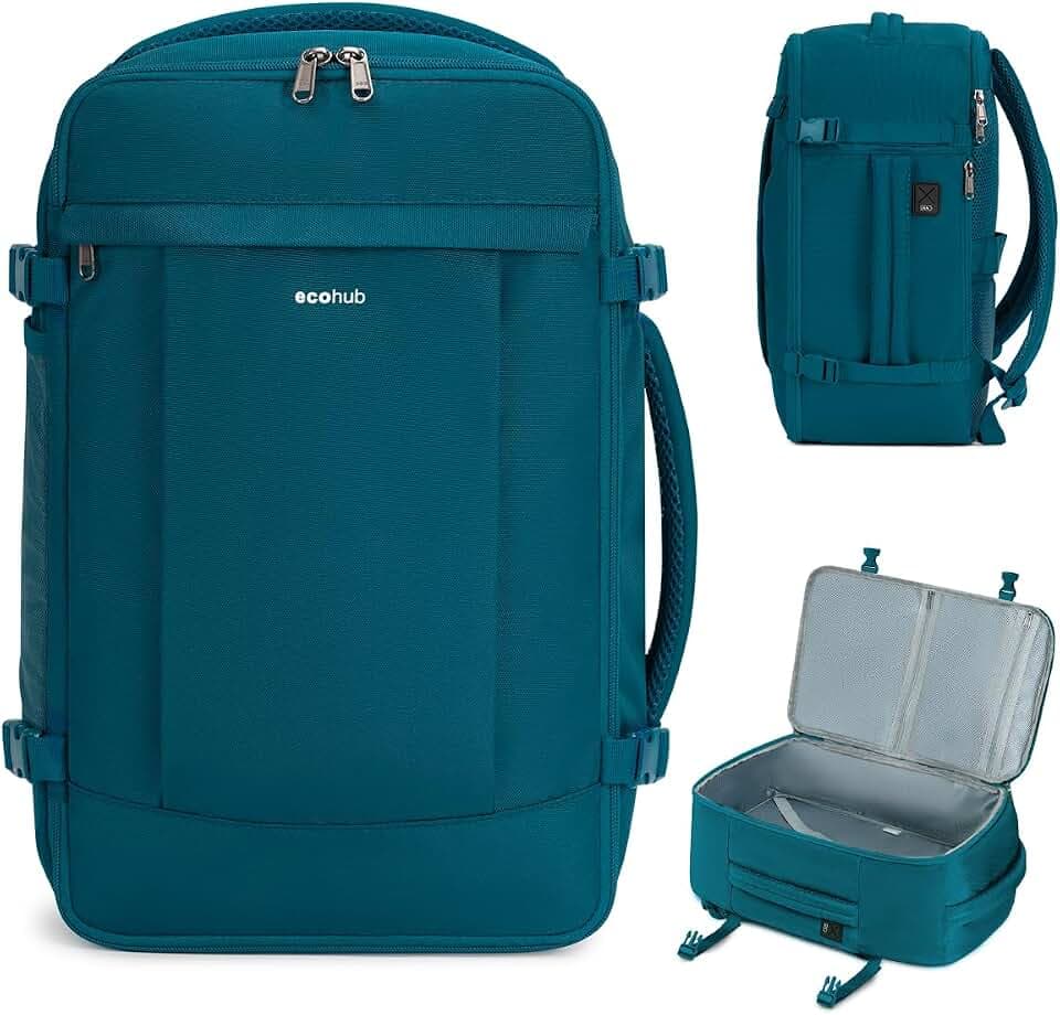 ECOHUB 30L Handgepäck Rucksack Flugzeug, Diebstahlsicher für Easyjet Handgepäck 45x36x20, 3D Laptop Reiserucksack, Recycelt Travel Backpack Wasserdicht, Cabin Bag für Damen Herren(Blau Grün)