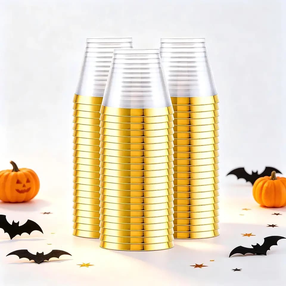 WELLIFE 200 PCS Gold Plastic Cups,9 oz Clear Plastic Cups,Disposable Wine Glasses,Plastic Cocktail Glasses for Party and Wedding