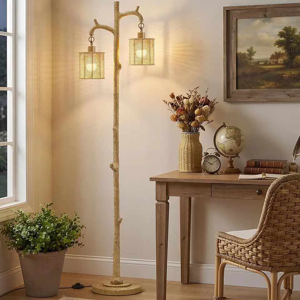 EJIAXIN Floor Lamp for Living Room - 69" Farmhouse Tree Trunk Standing Lamps - Country Resin Tall Lamp with 2 Rattan Lampshade - Rustic Floor Lamp for Bedroom Office Home Decor