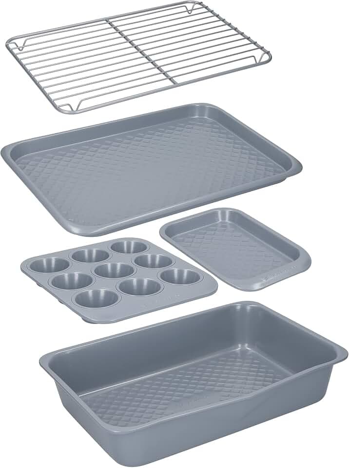 MasterClass Smart Ceramic 5er Set stapelbares Backgeschirr, Karbonstahl mit robuster Keramikbeschichtung, Grau