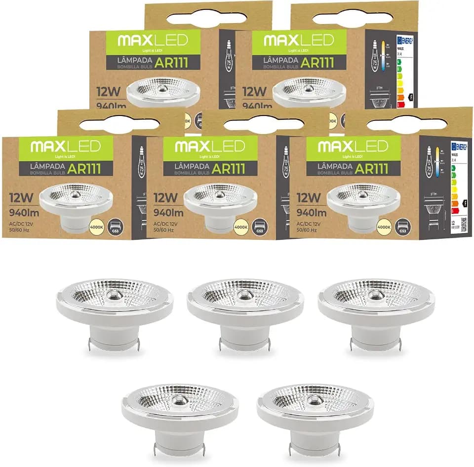 Maxled, Light is Led! 5er LED Leuchtmittel AR111 G53 12W Ersatz 75w Halogenlampe Neutralweiß 4000K Glühbirne 45 Grad Abstrahlwinkel LED-Spot 940 Lumen AC/DC 12V Spotlicht, Nicht Dimmbar