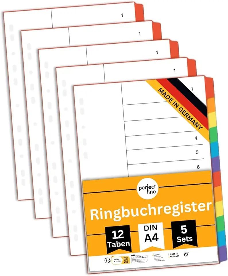 perfect line Ordner-Register DIN-A4, 12-teilig, 5er Set, Karton, MADE IN GERMANY