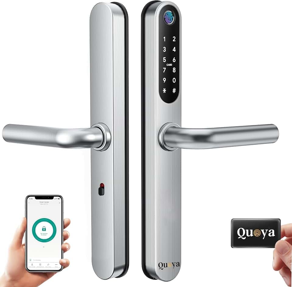 QUOYA D1 Smart Türschloss, 75° Max Drehwinkel, IP55 Wasserdicht, Entriegelungsmethode (Fingerabdruck, RFID-Tastenkarte, Pin/Passcode, App, Mechanischer Schlüssel) (Silver)