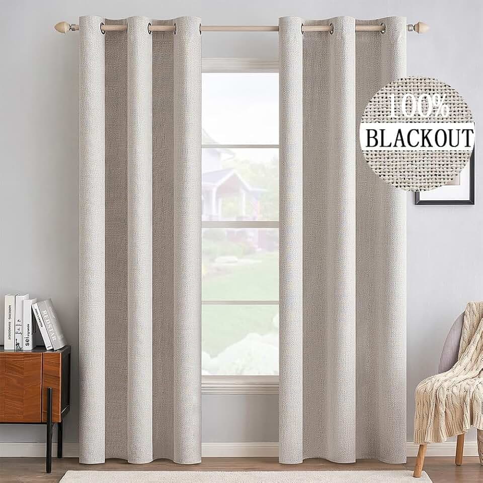 MIULEE 100% Blackout Linen Curtains for Bedroom 42x84 Inches Ivory