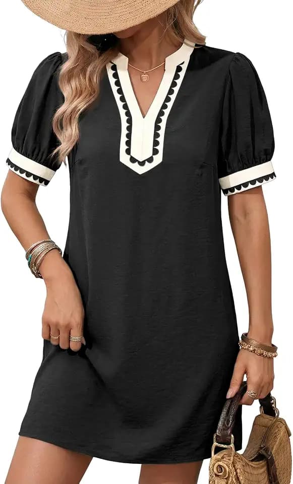 Dokotoo Summer Dresses for Women 2026 Boho Floral Puff Short Sleeve V Neck Trim Casual Mini Dress Sundress