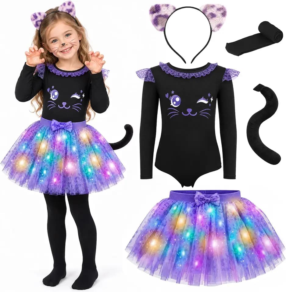 GIFTINBOX Cat Costume for Girls, Light Up Kids Halloween Cheetah Outfit