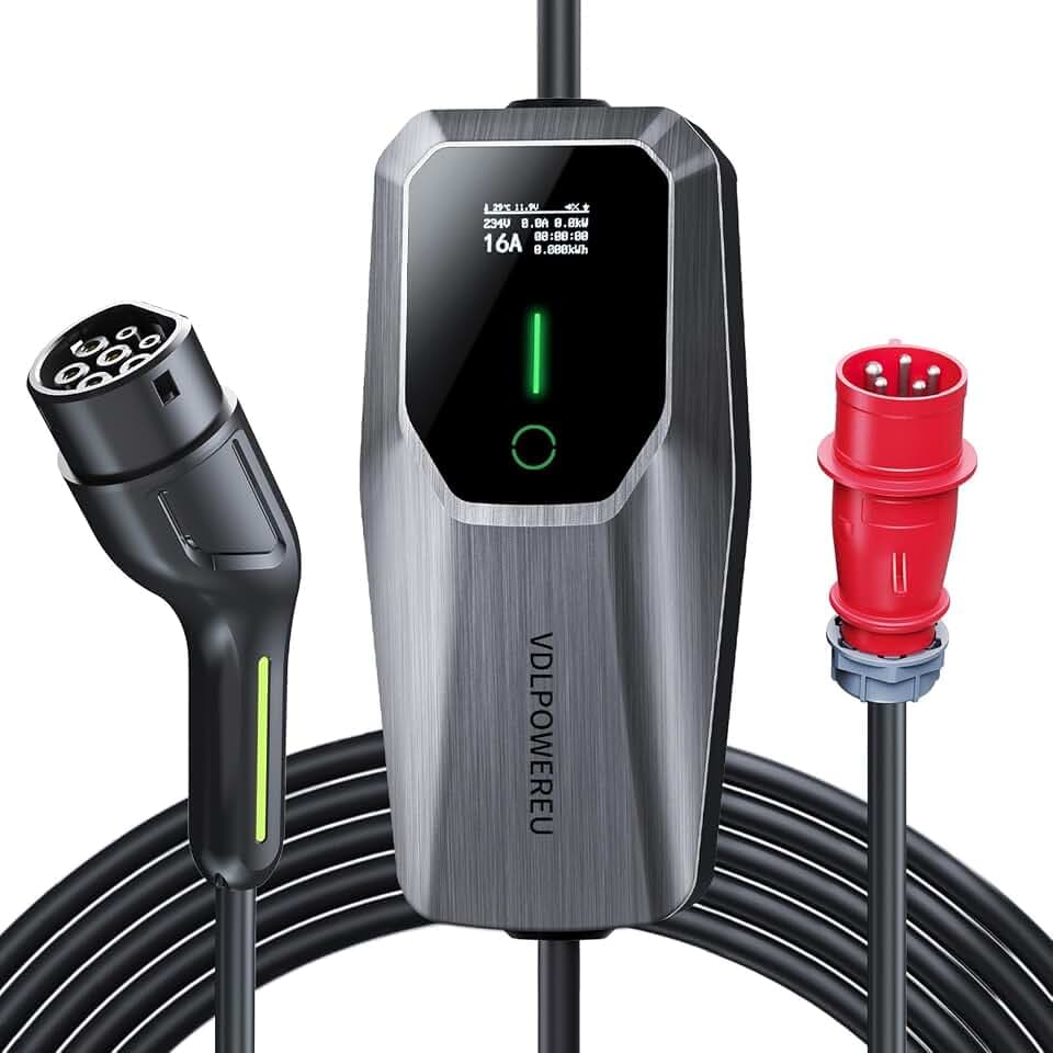 Mobile Wallbox 11kW Typ 2 Ladekabel | 6-16A | 5m 3-phasig CEE EV Ladegerät | IP65, LCD-Anzeige, Mobile Ladestation mit Einstellbarer Strom und Einstellung Startzeit für Allen Elektrofahrzeugen EV PHEV